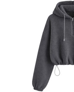 Sweat à capuche court en molleton texturé gris anthracite, quart de zip, ourlet ajustable avec cordon de serrage, streetwear décontracté, pull chaud, logo personnalisé - Product Image 2