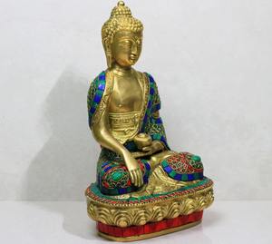 Estatua de Buda sentado de latón con anillo de piedra para decoración y fines religiosos-culturales, estilo bendición - Product Image 3