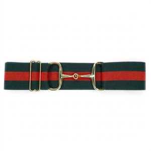 ODM ALEXANDRIA INDUSTRIES Green Red Striped Silk Screen Printed Polyester/Cotton/Metallic Elastic Waist <b>Belt</b> <b>Gold</b> Horse Bit - Product Image 1