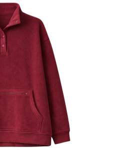 Sudadera de Forro Polar Oversize para Mujer, Color Rojo Vino, con Cuello de Cierre a Presión, Bolsillo Canguro, Gruesa, para Invierno, Fabricación Personalizada - Product Image 4