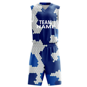 Ensemble de maillots de basket-ball personnalisés sublimés, col en V, sans manches, évacuation de l'humidité, impression du nom de l'équipe, adulte unisexe, bleu et blanc - Product Image 1