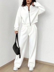 Custom <b>Zip</b>-<b>Up</b> <b>Jacket</b> White Sweatshirt Set Casual Knitted Full Sleeve Hoodies Solid Color Breathable Stand Collar Street Wear DTG - Product Image 5