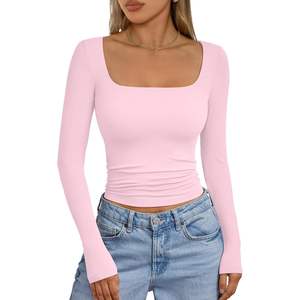 2025 Trendy Queen Womens Crop Slim Fit Camisetas básicas Manga larga Doble forro Cuello cuadrado Capa informal Método de tejido de punto - Product Image 5