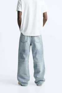 Ultra-Wide Leg <b>Bleached</b> Denim Baggy Jeans Men Light Blue Men's Straight-Leg Washed Cotton Jeans Heavyweight Streetwear Plus Size - Product Image 6