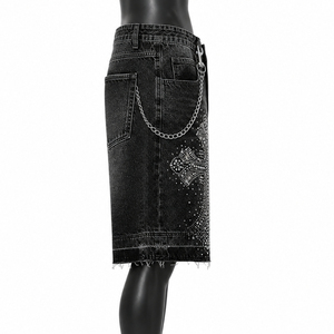Custom Men's Solid <b>Black</b> Rhinestone Casual Denim Baggy Streetwear <b>Jeans</b> OEM ODM Wholesale Fashion <b>Shorts</b> High Quality Windproof - Product Image 3
