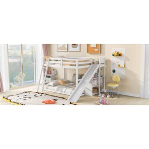 เตียงสองชั้นสีขาวขนาดฟูลโอเวอร์ฟูล พร้อมบันได ชั้นวางของแบบเลื่อนได้-เตียงเด็ก - Product Image 5