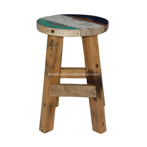 Sustainable Reclaimed Boat Wood <b>Round</b> Top <b>Stool</b> Leg with Square Wood Design Eco-Friendly Indoor Outdoor Bali Wood Furniture - Product Image 1