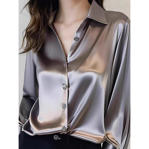 เสื้อเชิ้ตผ้าซาตินเงา แขนยาว ปกคอปก ติดกระดุม สไตล์ลำลอง ใส่สบายสำหรับผู้หญิง ขายดี - Product Image 5