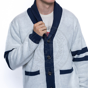 Cardigan en acrylique gris clair pour homme, bordure marine, manches longues, broderie grecque, pull pour homme, tenue scolaire/universitaire - Product Image 4