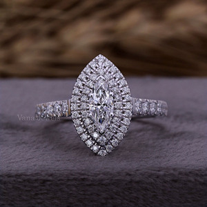 Bague de fiançailles en diamant de laboratoire taille marquise, or blanc massif 18 carats, double halo, sertissage pavé, certifiée IGI, clarté VS1, excellente qualité - Product Image 1