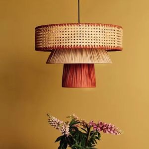 Signature Creative Layered Design Rattan, Cane and Fabric Lampshade Handmade Woven Ceiling Pendant <b>Light</b> <b>Fixture</b> <b>Rustic</b> - Product Image 2