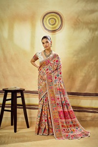 Sari en soie pure cachemire tissé à la main, élégant, design traditionnel indien, pour soirée, longueur ras du sol, extra doux - Product Image 1