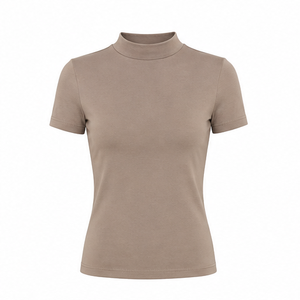 เสื้อยืดคอกลมแขนสั้นทรงเข้ารูปสำหรับผู้หญิง สีน้ำตาลเห็ด รุ่น WMNTS-0008 ผลิตจากผ้าฝ้ายเจอร์ซีย์เนื้อนุ่ม - Product Image 1