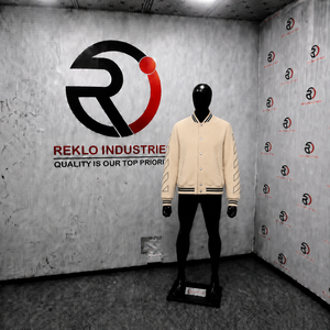 เสื้อแจ็คเก็ตวิทยาลัยสีเบจสไตล์โมเดิร์นสำหรับผู้ชาย พร้อมลายเรขาคณิตที่แขนเสื้อ ทรงปกติ คอปกพับได้ สวมใส่สบายๆ ในฤดูใบไม้ร่วง - Product Image 3