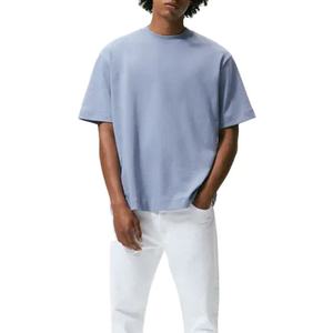 Men's Regular Fit Short Sleeve O-Neck T-Shirt Solid Light Blue 100% Cotton Jersey Knitted Casual Anti-Pilling 220g Front <b>Logo</b> - Product Image 6
