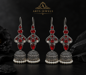 Fournisseur de Confiance Boucles d'oreilles pendantes Jhumka indiennes pour femmes, en laiton oxydé argenté, serties de grenat, style Bohème, pour mariage, vente en gros, 20 ans d'expérience - Product Image 5
