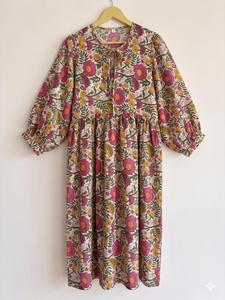 Women Vintage Boho A-Line Midi Dress 100% Cotton Floral Print Puff-Printed <b>Three</b>-Quarter Sleeve V-Neck Regular Fit Summer Casual - Product Image 2
