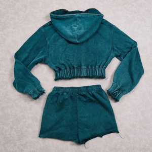 Ensemble court à capuche délavé pour femme, tissu confortable, qualité supérieure, streetwear, deux pièces, vente en gros, directement de l'usine - Product Image 5