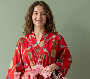 Bata Kimono de Algodón Roja con Estampado Digital de Piña y Pájaros, Manga Larga, Túnica de Verano, Kaftán Indio, Ropa de Estar para Damas de Honor - Product Image 1