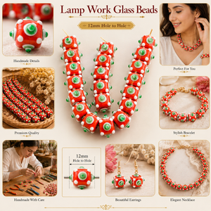 Perles en verre soufflé rouge de qualité supérieure, 12 mm, en forme de cube bombé, perles artisanales avec motif floral vert pour bijoux et artisanat faits à la main - Product Image 5