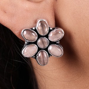 Trendy Antique <b>Silver</b> Brass Multi Stone Flower <b>Stud</b> Earrings Wholesale | Indian Ethnic Boho Manufacturer | Factory Direct Supply - Product Image 2