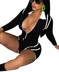 Women Black Red Trim Deep <b>V</b> <b>Neck</b> Short Sleeve <b>Bodysuit</b> With Zipper And Mesh Panels - Product Image 5