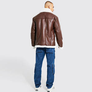 Veste de moto pour homme en cuir véritable doublée de sherpa, imperméable, respirante, coupe-vent, col rabattable, fermeture éclair, manteau d'hiver - Product Image 3