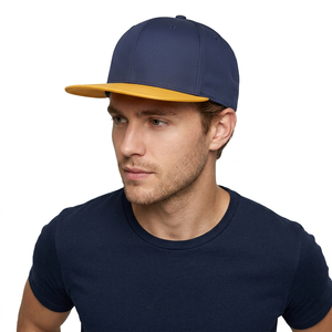Unisex 6-Panel Snapback Cap <b>Navy</b> Blue With Yellow Brim Solid Color Street Style Fitted Baseball <b>Hat</b> Adult Casual Wear - Product Image 2
