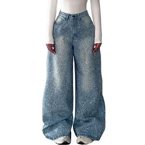 กางเกงยีนส์ทรงหลวมคุณภาพสูงขายส่ง กางเกงยีนส์เอวสูงประดับเพชรสำหรับผู้หญิง กางเกงยีนส์ขากว้างประดับเพชร OEM 2025 - Product Image 1