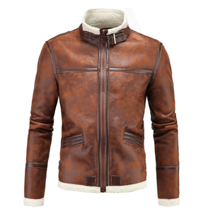 <b>Men's</b> Brown Leather <b>Jacket</b> With <b>Shearling</b> Lining Full Sleeve Winter Windproof Motorcycle Style - Product Image 1