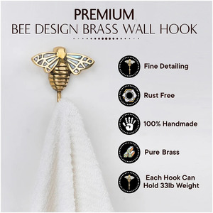 Handmade Gold Bee <b>Wall</b> <b>Hook</b> With Single Towel <b>Hook</b> For Hanging <b>Keys</b> And Clothing Decorative Brass <b>Hook</b> Vintage Style - Product Image 3