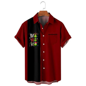 เสื้อฮาวายคริสต์มาสผู้ชาย สีแดงดำ ลายกวางเรนเดียร์ กรินช์ แขนสั้น สไตล์ลำลอง เสื้อฤดูร้อน ปกคอพับ ผ้าป๊อปลิน ระบายอากาศได้ดี - Product Image 2