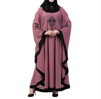 Abaya Rose Brodé Musulman avec Bordure Noire, Manches Longues, Longueur Midi, Extensible dans les Quatre Sens, Respirant, pour Femme, Style Moyen-Orient, Usage Quotidien