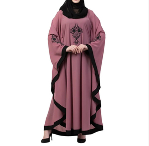 Muslim Pink Embroidered Abaya with Black Trim <b>Long</b> Sleeve Midi Modest <b>for</b> Women Middle East Style Daily Wear - Product Image 2