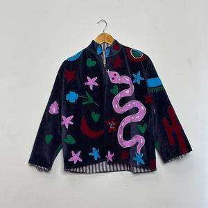 Artistic Velvet <b>Jacket</b> Women Black Multicolor Snake <b>Star</b> Floral Embroidery Contemporary Boho Outerwear Wholesale Fashion B2B - Product Image 1