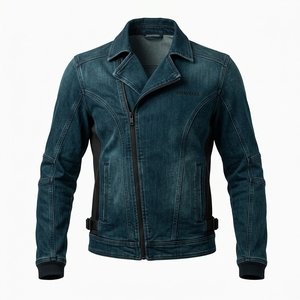 Blouson Moto Homme en Jean Délavé Bleu Pétrole avec Fermeture Éclair Asymétrique, Panneau en Maille Respirante et Boucle Ajustable - Product Image 1