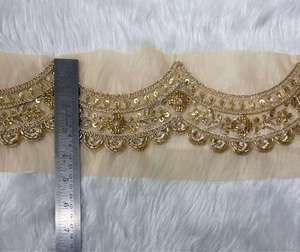Wholesale Indian Ethnic Scalloped Lace Border Pearl Bead Mirror Work Hand Look <b>Kaftan</b> Saree Sewing Decorative Trim - Product Image 2