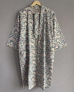 Premium Geometric Printed Women's Kimono Robe <b>Three</b> Quarter Sleeve Loose Maxi Dress With Tie Front Japanese Style 100% Cotton - Product Image 1