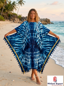Robe Kaftan Col V Tie-Dye Ample Longueur Ras du Sol Manches Courtes Bohème Été Plage Cache-Maillot en Mousseline pour Femme Fabricant OEM ODM - Product Image 2