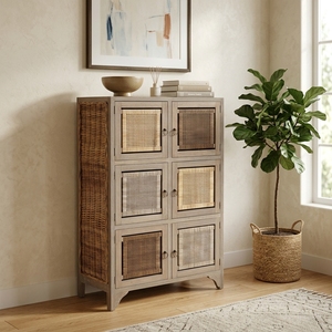 New Modern Minimalist Kendari Wooden Storage Cabinet Natural <b>Rattan</b> Webbing 6 Doors Multi Color Chest Side Unit Nightstand - Product Image 5