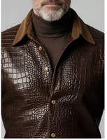 Veste en cuir PU marron pour homme, effet crocodile, col rabattu, bouton unique, coupe ajustée, style moto, vêtement d'hiver pour homme, effet croco