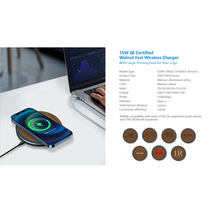 15W for Qi Certified Bamboo Wireless Fast Charger Pad Large Logo Printing Area Eco-Friendly Wireless Charging Dock - Product Image 1