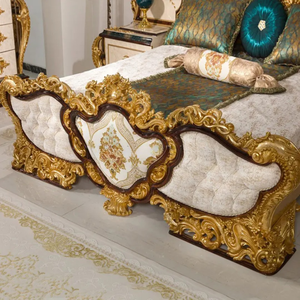 Ensemble de chambre à coucher de style européen antique en bois d'acajou doré de luxe, taille king, avec lit à baldaquin capitonné, fabriqué en Indonésie, livraison gratuite - Product Image 3