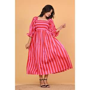 Robe maxi bohème rose rayée 100% coton écologique pour femmes, à manches bouffantes longues, pour les soirées d'été, faite à la main en Inde - Product Image 4