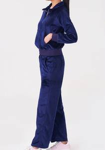 <b>Women's</b> Blue Velour Tracksuit <b>Half</b> <b>Zip</b> Hooded <b>Sweatshirt</b> and Wide Leg Pants Set for Autumn Winter - Product Image 2
