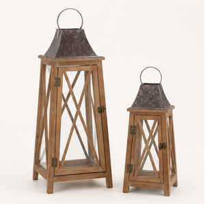 Stylish Eco-Friendly Wooden Candle <b>Lantern</b> <b>Set</b> Metal Top Modern X-Frame Floor <b>Lanterns</b> for Christmas Indoor Outdoor Home Decor - Product Image 3