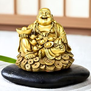 Estatua de Buda Sonriente con Acabado Dorado, Adorno Decorativo para el Hogar y la Oficina, para Mesa, Escritorio, Estante, Sala de Estar y Espacio de Trabajo, Tradicional - Product Image 3