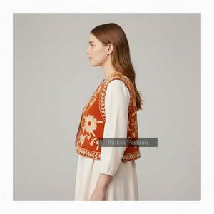 Chaleco de Terciopelo Estilo Boho Vintage para Mujer, Resistente al Viento, Transpirable, Ecológico, de Algodón, con Bordado Floral, Sin Mangas, Abierto por Delante, Formal - Product Image 6