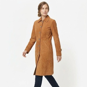Abrigo largo de gamuza para mujer con cuello vuelto y cierre de botón de una sola fila, estilo otoñal, diseño elegante, tipo trench. - Product Image 5