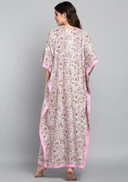 Kaftan à col en V à fleurs imprimé de blocs de main roses emblématiques Cool Knit By 100% Soft Cotton Comfiest & Cool Lounge Wear In All Day